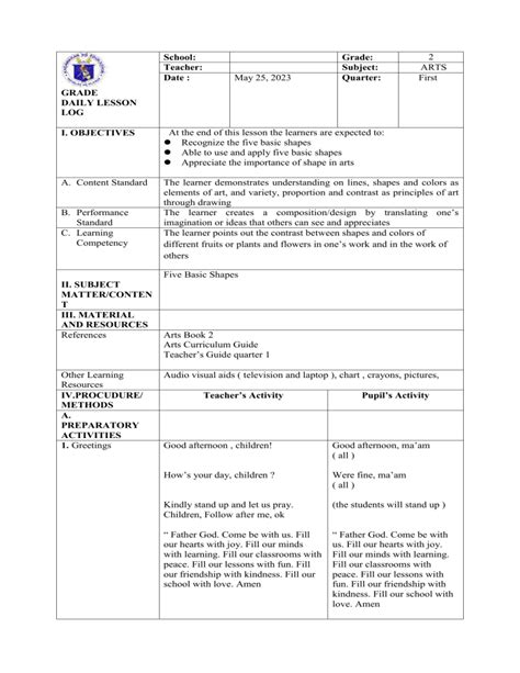 Detailed Lesson Plan in Arts Grade 1 and Grade 2 .